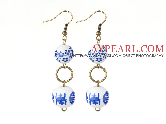 Dangle Style Double Round Blue and White Porcelain Beads Earrings