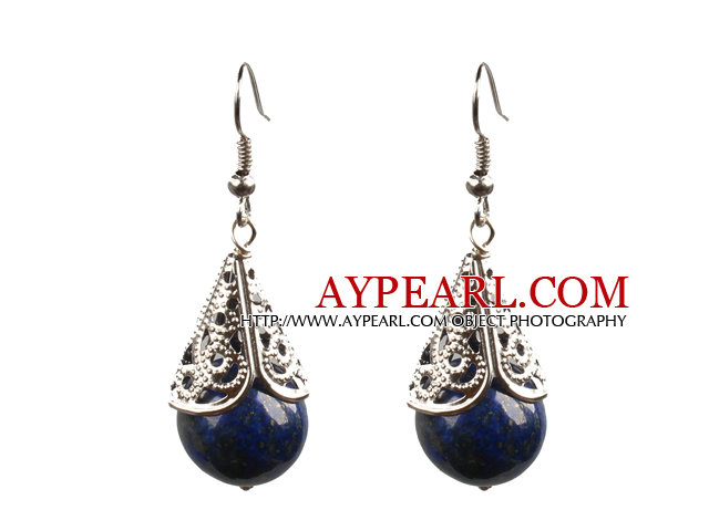 Simple Vintage Style 14Mm Round Lapis Dangle Earrings With Tibet Silve Accessory