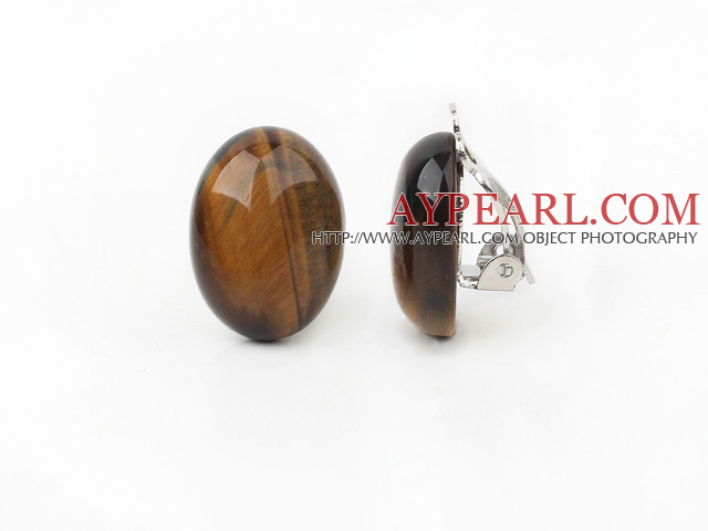 Simple Design Oval Shape Tiger Eye Clip Earrings