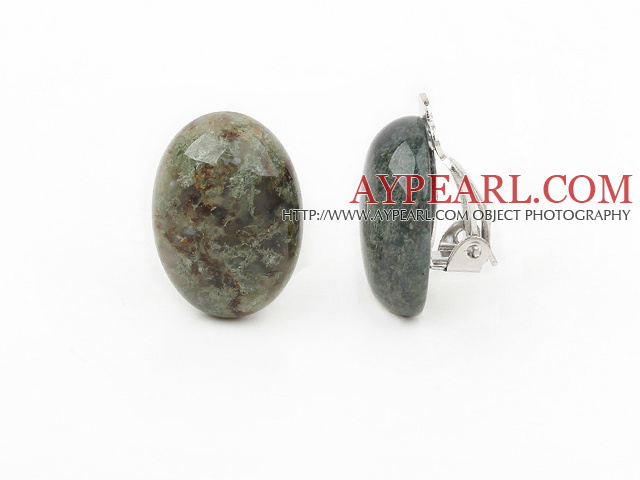 Simple Design Oval Shape Moss Agate Clip Earrings