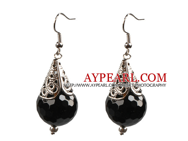 Simple Vintage Style 18Mm Faceted Black Agate Dangle Earrings With Tibet Silve Accessory