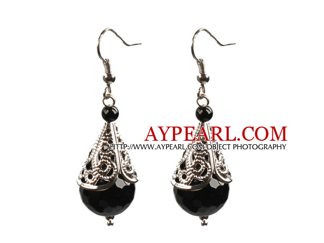 Vintage Style simple 14mm à facettes noir agate Pendants d'oreilles avec le Tibet Silve Accessoire