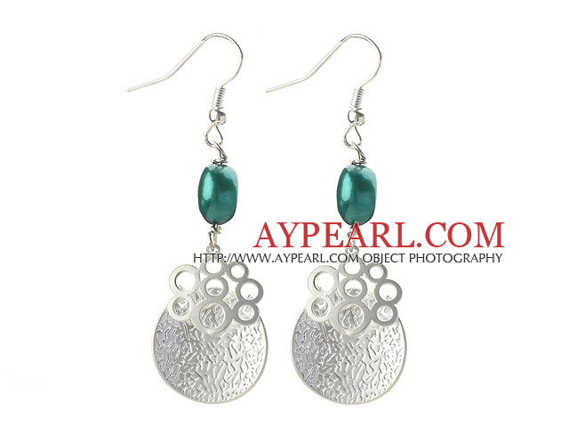 Dangle Style Dark Green Pearl and Immitation Silver Earrings
