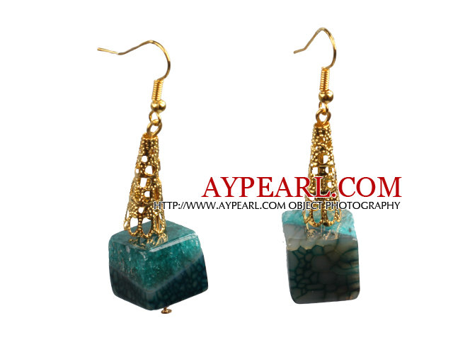 Fashion Elegant Design Cube Shape Crystallized Agate Dangle Earrings With Golden Hook