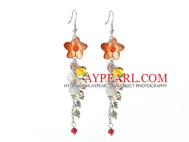 Dangle Style Orange Agate Flower and Multi Color Manmade Crystal Long Earrings