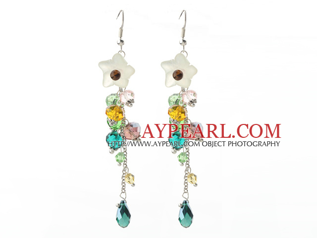 Dangle Style Serpentine Jade Flower and Multi Color Manmade Crystal Long Earrings