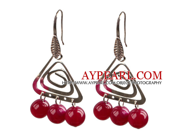 Popular Fashion Natural Rose Red Agate Earrings With Triangular Accessory