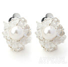 New Design Fashion Style Clear Crystal and White Seashell Beads Clip Earrings
