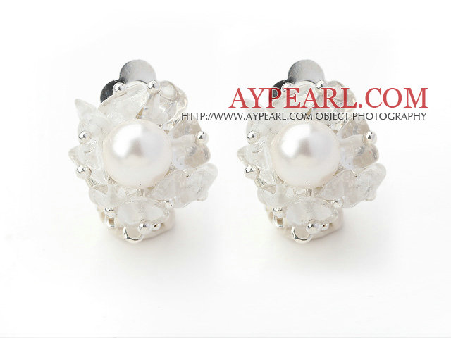 New Design Fashion Style Clear Crystal and White Seashell Beads Clip Earrings