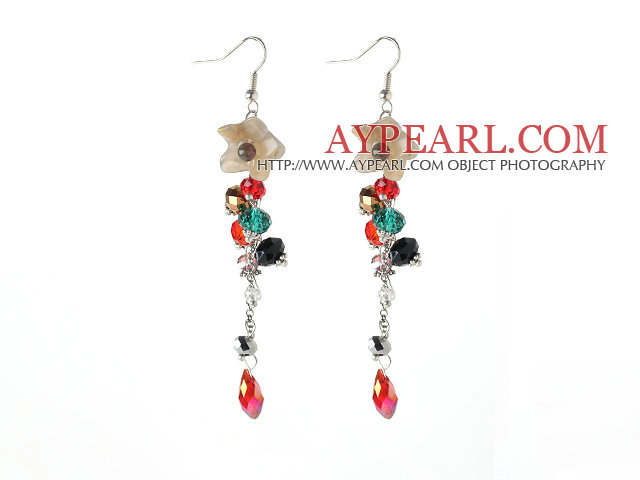 Nouveau design couleurs assorties multi en cristal et fleur d'agate Boucles d'oreilles longues