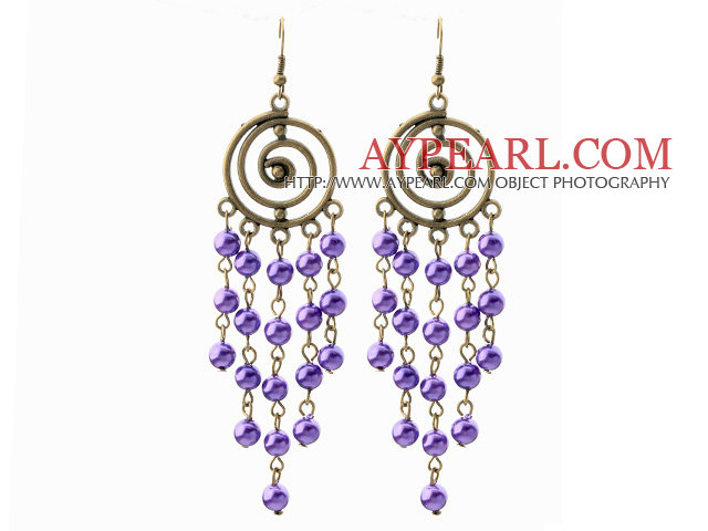 Vintage Style Round Shape Accessory and Round Purple Shell Beads Long Earrings