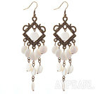 Vintage Style Rhombus Shape Accessory and Flat Round White Shell Long Earrings
