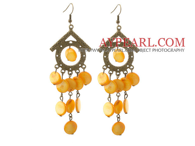 Vintage Style House Shape Accessory and Flat Round Yellow Shell Long Earrings