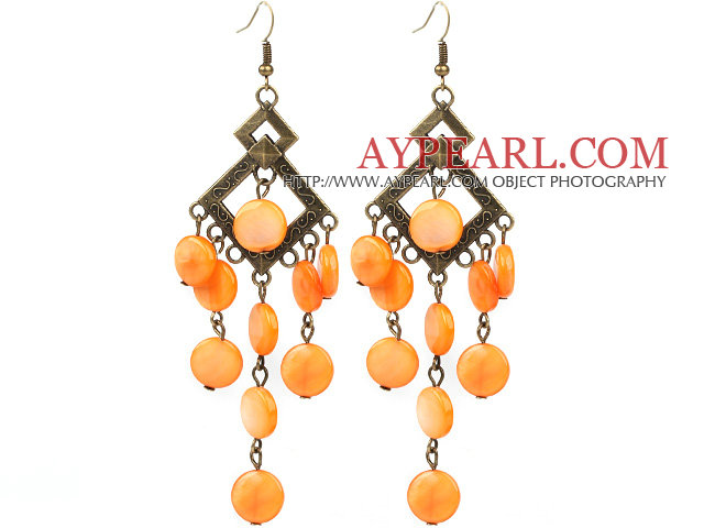 Vintage Style Rhombus Shape Accessory and Flat Round Orange Shell Long Earrings