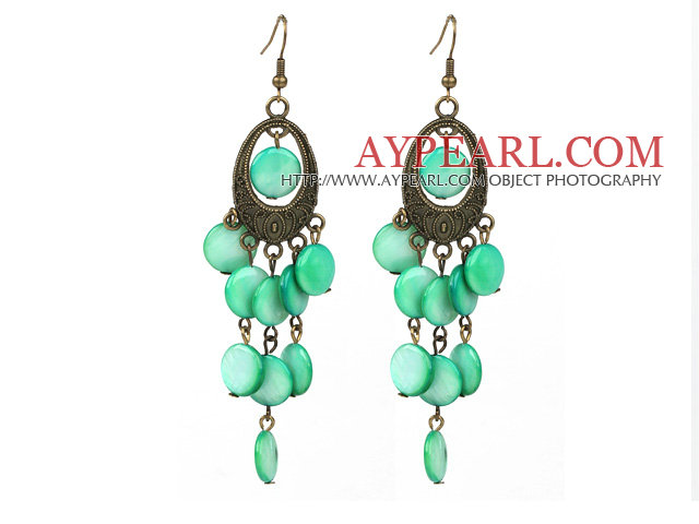 Vintage Style Oval Shape Accessory and Flat Round Green Shell Long Earrings