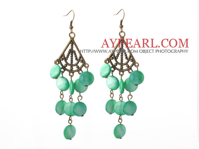 Vintage Style Triangle Shape Accessory and Flat Round Green Shell Long Earrings