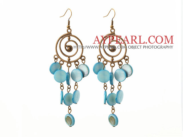 Vintage Style Round Shape Accessory and Flat Round Blue Shell Long Earrings