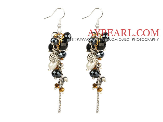 Black Series Black Crystal and White Freshwater Pearl Dangle Earrings