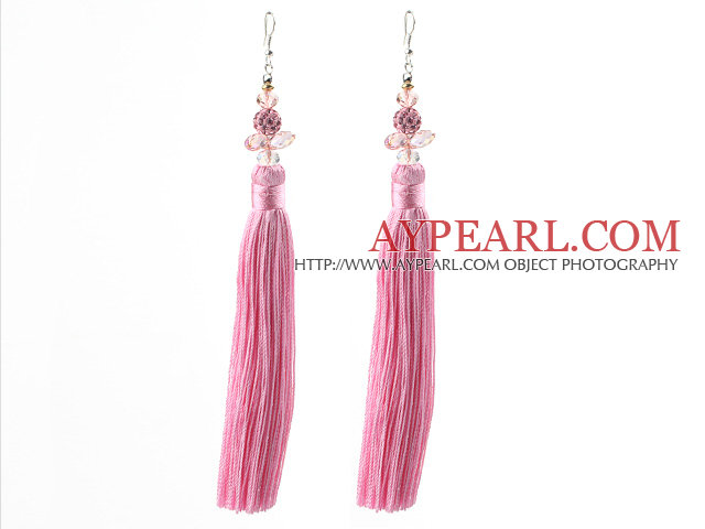 China Style Rosa Serie Rosa Kristall och Rhinestone Ball och rosa färg tråd Långa örhängen Tassel