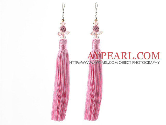 China Style Pink Series Pink Crystal and Rhinestone Ball and Pink Color Thread Long Tassel Earrings