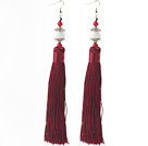 China Style Dark Red Series Red Coral and White Porcelain Stone and Dark Red Thread Long Tassel Earrings