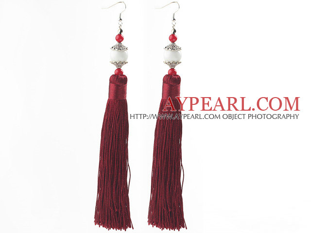 China Style Dark Red Series Red Coral and White Porcelain Stone and Dark Red Thread Long Tassel Earrings