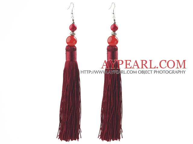 China Style Dark Red Series Carnelian and Alaqueca and Dark Red Thread Long Tassel Earrings