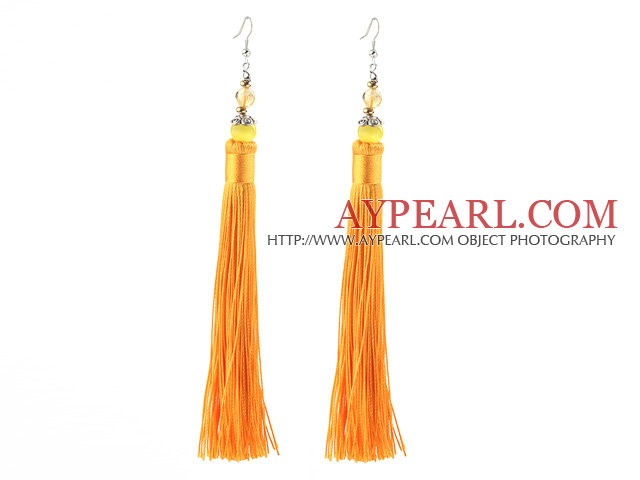 China Style Yellow Series Yellow Cats Eye and Yellow Color Thread Long Tassel Earrings