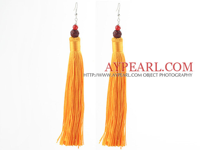 China Style Carnelian and Red Sandalwood Lotus and Orange Yellow Color Thread Long Tassel Earrings