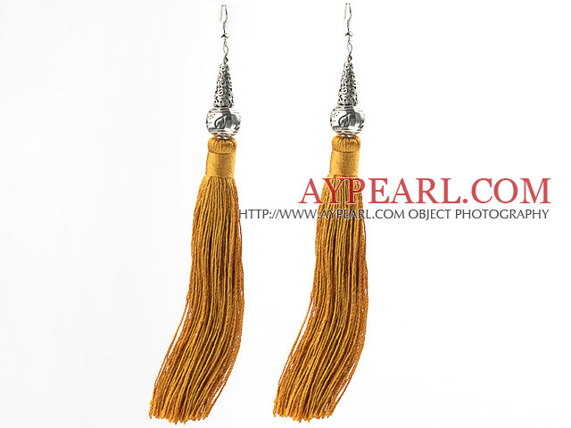 China Style Gul Brun Serie Tibet Silver Tillbehör och gul brun tråd Långa örhängen Tassel