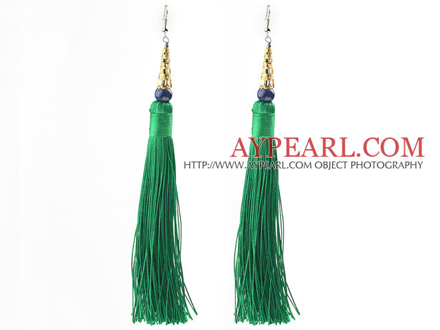 China Style Dark Green Series Lapis and Green Thread Long Tassel Earrings