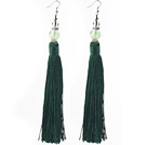 China Style Dark Green Series Clear Crystal and Prehnite and Green Thread Long Tassel Earrings