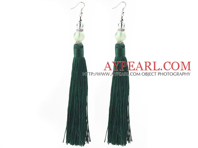 China Style Dark Green Series Clear Crystal and Prehnite and Green Thread Long Tassel Earrings