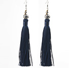 China Style Black Blue Series Tibet Silver Ball and Dark Blue Thread Long Tassel Earrings