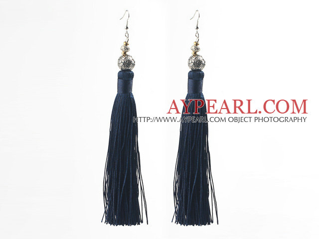 China Style Black Blue Series Tibet Silver Ball and Dark Blue Thread Long Tassel Earrings