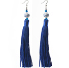 China Style Dark Blue Series Blue Agate and Blue White Porcelain and Thread Long Tassel Earrings