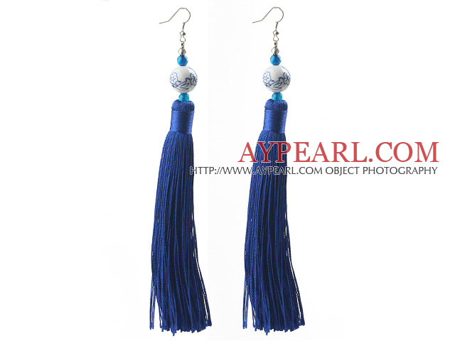 China Style Dark Blue Series Blue Agate and Blue White Porcelain and Thread Long Tassel Earrings