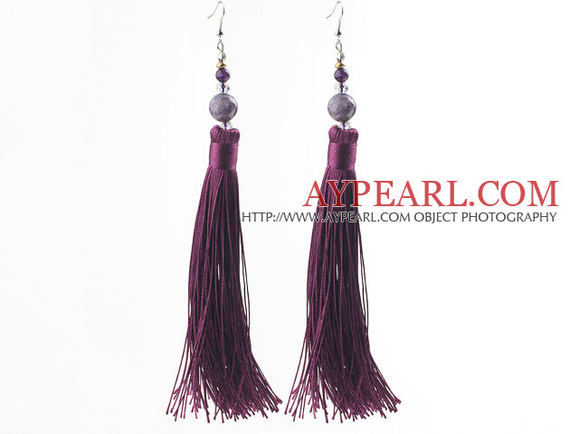 China Style Dark Purple Series Amethyst and Dark Purple Thread Long Tassel Earrings