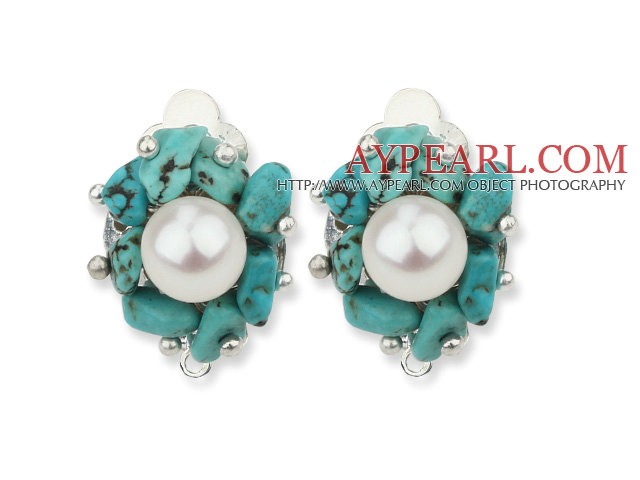 Eté 2013 Nouveau design perle d'eau douce blanche et Chips Turquoise Boucles d'oreilles clips