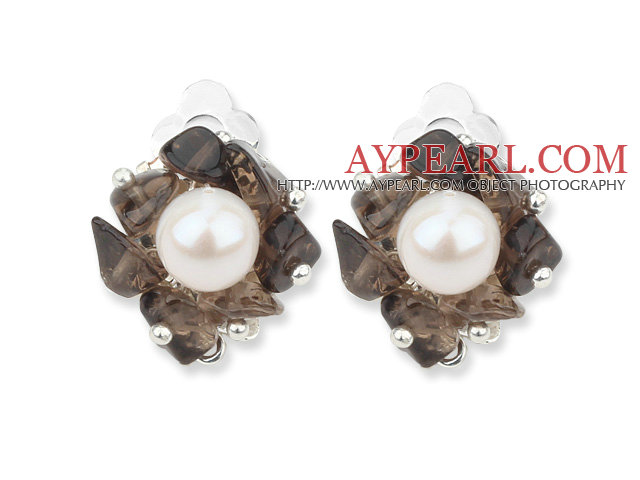 2013 Summer New Design White Freshwater Pearl and Smoky Quartz Chips Clip Earrings