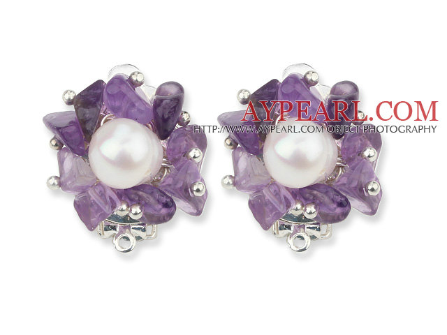 2013 Summer New Design White Freshwater Pearl and Amethyst Chips Clip Earrings