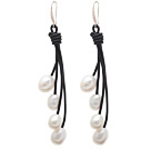 Fashion Style White Freshwater Pearl Leather Dangle Earrings with Black Leather