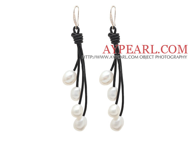 Fashion Style White Freshwater Pearl Leather Dangle Earrings with Black Leather