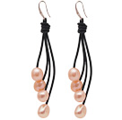 Fashion Style d'eau douce de perle de rose en cuir Boucles d'oreilles avec cuir noir