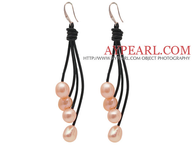 Fashion Style Pink Freshwater Pearl Leather Dangle Earrings with Black Leather