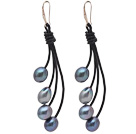 Fashion Style Gray Freshwater Pearl Leather Dangle Earrings with Black Leather