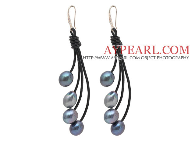 Fashion Style Gray Freshwater Pearl Leather Dangle Earrings with Black Leather