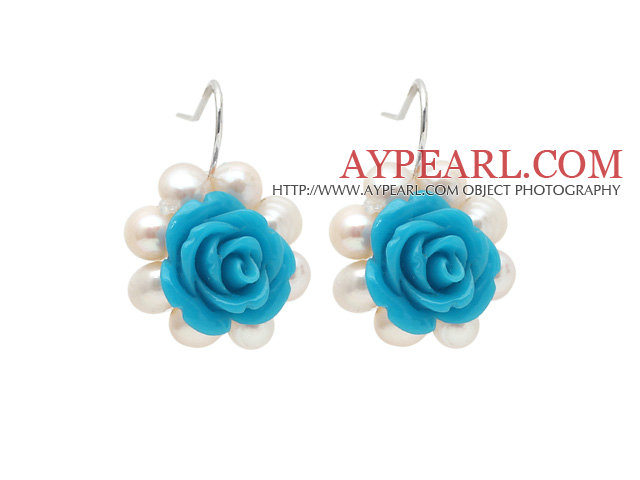 Fashion Style White Freshwater Pearl and Blue Acylic Flower Earrings