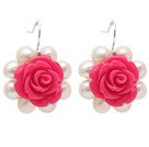 Fashion Style White Freshwater Pearl and Hot Pink Acylic Flower Earrings