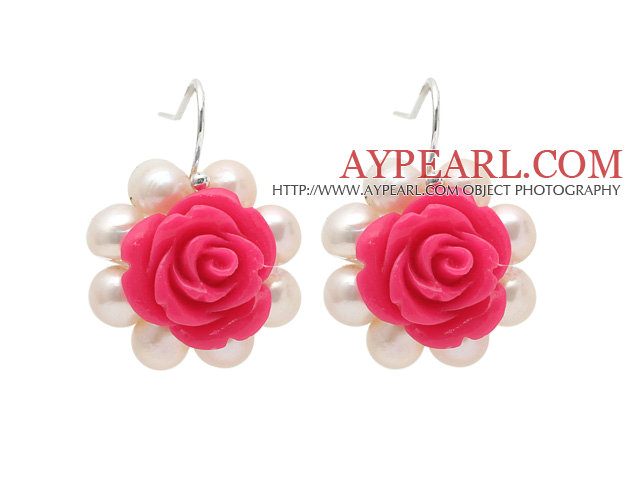 Fashion Style White Freshwater Pearl and Hot Pink Acylic Flower Earrings